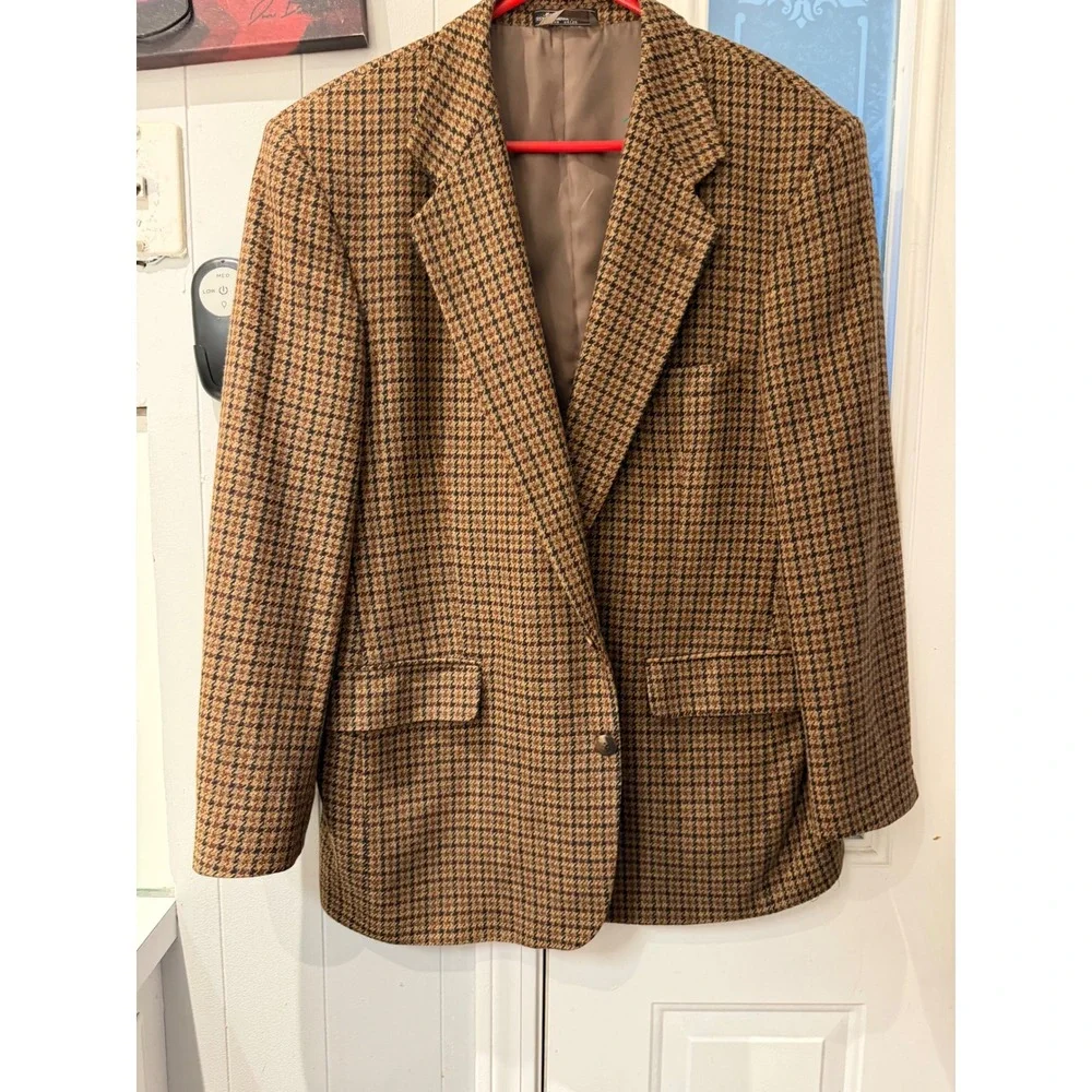 Marc Jeffries Mens 44R Lambswool Cashmere Houndstooth Blazer Sport Coat Brown
